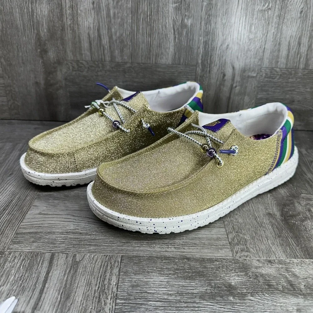 Hey Dude Gold Glitter Wedges with Green, Purple & White Stripe Accents